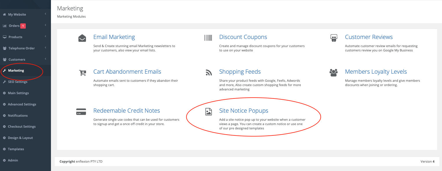 Site Notce Pop Up in  Marketing menu